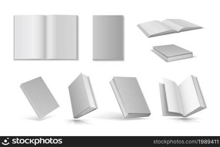 Realistic white open and closed books with empty cover mockup. 3d notebook with hardcover top view template. Floating blank book vector set. Diary, handbook or journal objects collection. Realistic white open and closed books with empty cover mockup. 3d notebook with hardcover top view template. Floating blank book vector set