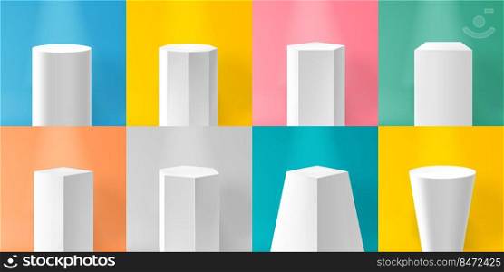Realistic white pedestal. Empty podium and product platform, base, stage and pillar. Vector column set marble white realistic geometric pedestal. Realistic white pedestal. Empty podium and product platform, base, stage and pillar. Vector column set