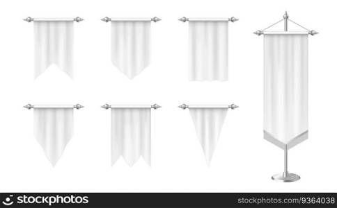 Realistic white pennants, vertical flags mockup isolated on white background. Set of flags and banners of different shapes. 3d vector illustration. Realistic white pennants, vertical flags mockup isolated on white background