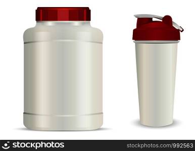Realistic white plastic jar, shaker and drink bottles. Vector set of sport nutrition container templates with red caps isolated on white background.. Realistic white plastic jar, shaker drink bottles.