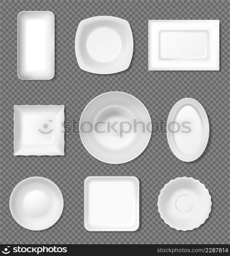 Realistic white plate, top view empty dishes, porcelain dinnerware. Dinner plates and bowls, kitchen crockery, ceramic tableware vector set. Illustration of dish plate white, kitchen dishware. Realistic white plate, top view empty dishes, porcelain dinnerware. Dinner plates and bowls, kitchen crockery, ceramic tableware vector set