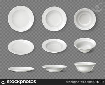 Realistic white plates. Different view angles ceramic dishes. 3D tableware clear mockup. Isolated porcelain round bowls. Food pottery objects. Home or restaurant empty dishware. Vector utensil set. Realistic white plates. Different view angles ceramic dishes. 3D tableware clear mockup. Isolated porcelain bowls. Food pottery objects. Home or restaurant dishware. Vector utensil set