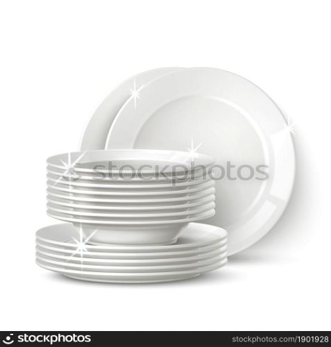 Realistic white plates stack. Clean shining cookware. Porcelain dinnerware. Washed crockery pile. Isolated dining ceramic objects. Empty round bowls with light reflection. Vector home utensil concept. Realistic white plates stack. Clean shining cookware. Porcelain dinnerware. Washed crockery pile. Isolated dining ceramic objects. Empty bowls with light reflection. Vector utensil concept