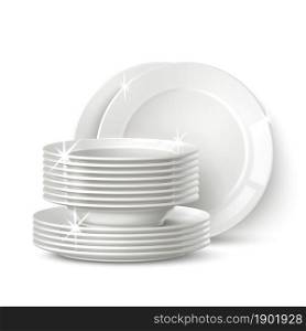 Realistic white plates stack. Clean shining cookware. Porcelain dinnerware. Washed crockery pile. Isolated dining ceramic objects. Empty round bowls with light reflection. Vector home utensil concept. Realistic white plates stack. Clean shining cookware. Porcelain dinnerware. Washed crockery pile. Isolated dining ceramic objects. Empty bowls with light reflection. Vector utensil concept