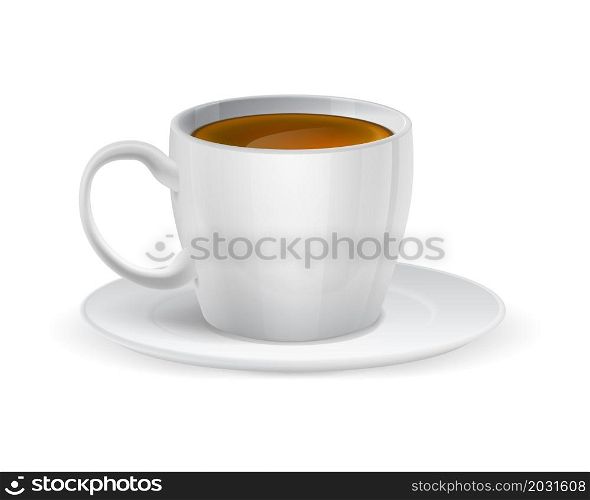 Realistic white porcelain cup with coffee drink. Ceramic mug and saucer. Morning caffeine hot beverage serving. Side view of isolated classic tableware for espresso. Vector cafeteria menu element. Realistic white porcelain cup with coffee drink. Ceramic mug and saucer. Morning caffeine beverage serving. Side view of isolated tableware for espresso. Vector cafeteria menu element