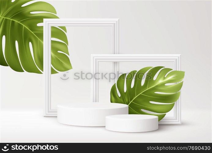 Realistic white Product podium with white picture frames and green tropical monstera leaves isolated on white background. Blank background for product advertising. Vector illustration EPS10. Realistic white Product podium with white picture frames and green tropical monstera leaves isolated on white background. Blank background for product advertising. Vector illustration