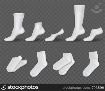 Realistic white socks. Blank classic socks different lengths, long and short, elastic options, cotton foot clothes, footprints and sport golfs. Accessory vector isolated on transparent background set. Realistic white socks. Blank classic socks different lengths, long and short, elastic options, cotton foot clothes, footprints and sport golfs. Vector isolated on transparent background set