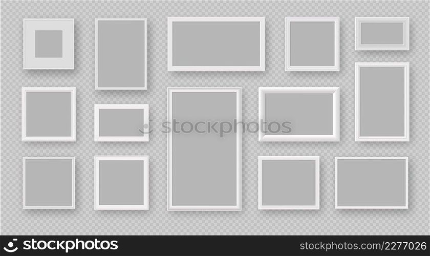 Realistic white square and rectangle empty photo frames. Wall picture, painting or poster frame mockups. 3d modern photoframes vector set. Illustration of white square and rectangle template. Realistic white square and rectangle empty photo frames. Wall picture, painting or poster frame mockups. 3d modern photoframes vector set
