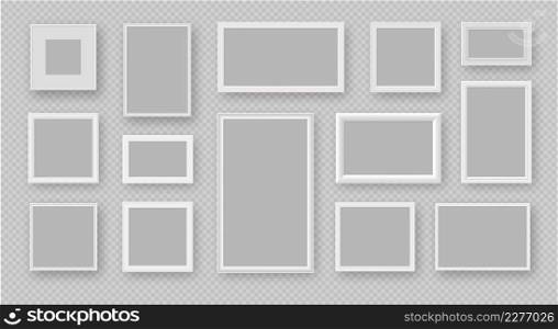 Realistic white square and rectangle empty photo frames. Wall picture, painting or poster frame mockups. 3d modern photoframes vector set. Illustration of white square and rectangle template. Realistic white square and rectangle empty photo frames. Wall picture, painting or poster frame mockups. 3d modern photoframes vector set