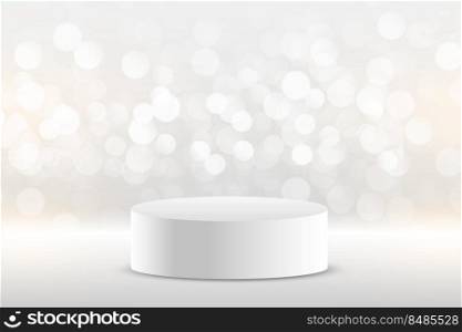 realistic white studio podium display background with bokeh lights