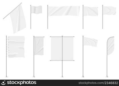 Realistic white textile flags on pole, blank advertising banners. Empty fabric flag template, hanging cloth banner signboard vector set. Waving cloth on steel stand for promotion or advertisement. Realistic white textile flags on pole, blank advertising banners. Empty fabric flag template, hanging cloth banner signboard vector set