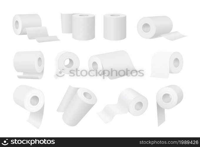 Realistic white toilet paper and kitchen towel rolls. 3d cylinder hygiene wipes with tube. Bathroom paper tissues product mockup vector set. Restroom or lavatory isolated objects for comfort. Realistic white toilet paper and kitchen towel rolls. 3d cylinder hygiene wipes with tube. Bathroom paper tissues product mockup vector set