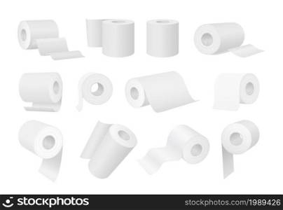 Realistic white toilet paper and kitchen towel rolls. 3d cylinder hygiene wipes with tube. Bathroom paper tissues product mockup vector set. Restroom or lavatory isolated objects for comfort. Realistic white toilet paper and kitchen towel rolls. 3d cylinder hygiene wipes with tube. Bathroom paper tissues product mockup vector set