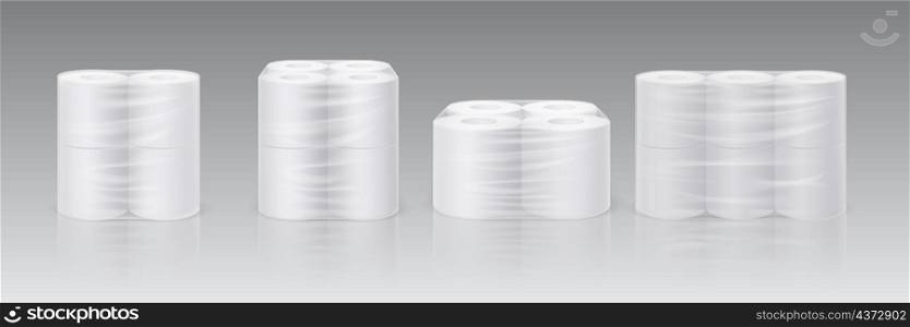 Realistic white toilet paper rolls in plastic pack mockup. Hygiene cleaning tissues in transparent package. Soft absorbent towels vector set. Illustration of realistic paper toilet in roll. Realistic white toilet paper rolls in plastic pack mockup. Hygiene cleaning tissues in transparent package. Soft absorbent towels vector set