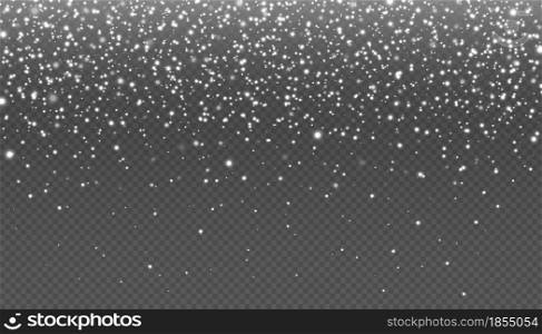 Realistic white winter snowfall, merry christmas night background. Falling snow. Flying snowflakes. Snowy weather transparent vector effect. Frost storm effect for new year or xmas card