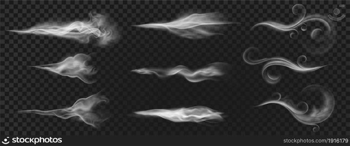 Realistic wind blow swirls, smoke air or hot steam. Curved flow waves, mist, aroma or perfume clouds effect. White blowing stream vector set. Cigarette or hookah fume or smog clouds. Realistic wind blow swirls, smoke air or hot steam. Curved flow waves, mist, aroma or perfume clouds effect. White blowing stream vector set