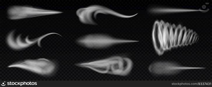 Realistic wind trails. Dust spray and smoky stream and wind blowing trails, smoky stream. Flow curved shapes vector illustration set. Air fog or blast isolated collection, flying smoke. Realistic wind trails. Dust spray and smoky stream and wind blowing trails, smoky stream. Flow curved shapes vector illustration set