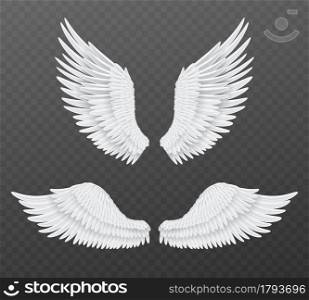 Realistic wings. Beautiful isolated angel wings, pair of 3d birds white feathers, freedom and spiritual symbols flight animals parts. Heaven angelic design element vector set on transparent background. Realistic wings. Beautiful isolated angel wings, pair of 3d birds white feathers, freedom and spiritual symbols flight animals parts. Heaven angelic design element vector set