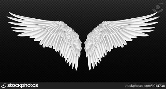 Realistic wings. Pair of white isolated angel style wings with 3D feathers on transparent background. Vector illustration bird wings design. Realistic wings. Pair of white isolated angel wings with 3D feathers on transparent background. Vector bird wings design