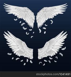 Realistic wings. White isolated pair of angel wings with falling feathers, 3D bird wings design. Vector illustration template style abstract feathers as concept of arrival of winter. Realistic wings. White isolated pair of angel wings with falling feathers, 3D bird wings design. Vector template