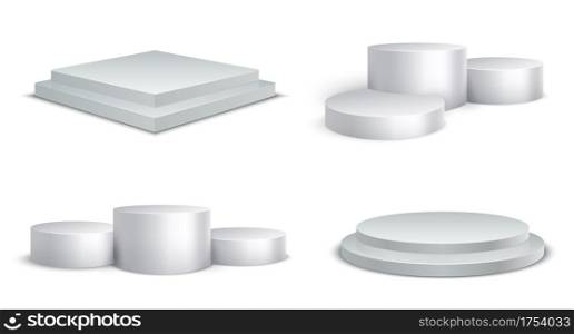 Realistic winner podium. 3D round and square stages. Glossy stepped exhibition or award ceremony platforms set. White blank pedestal for competition. Isolated vector mockup for product presentation. Realistic winner podium. 3D round and square stages. Stepped exhibition or award ceremony platforms set. White blank pedestal for competition. Vector mockup for product presentation