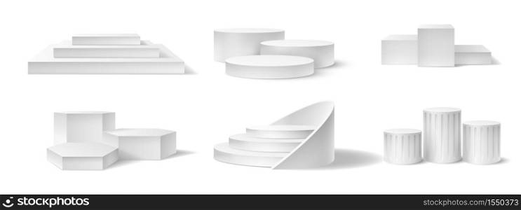 Realistic winner podium. Empty pedestals different shapes for award ceremony sport competition first, second and third place vector set. White 3d platform with stairs for various event. Realistic winner podium. Empty pedestals different shapes for award ceremony sport competition first, second and third place vector set