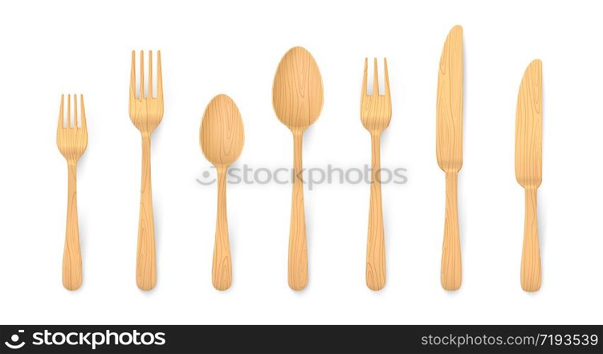 Realistic wooden cutlery. Biodegradable bamboo table forks, spoons and knifes made of natural reusable material. Vector 3D eco wooden isolated set for setting dinner. Realistic wooden cutlery. Biodegradable bamboo forks, spoons and knifes made of natural reusable material. Vector 3D eco wooden isolated set