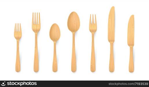 Realistic wooden cutlery. Biodegradable bamboo table forks, spoons and knifes made of natural reusable material. Vector 3D eco wooden isolated set for setting dinner. Realistic wooden cutlery. Biodegradable bamboo forks, spoons and knifes made of natural reusable material. Vector 3D eco wooden isolated set