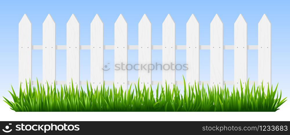 Realistic wooden fence. Green grass on white wooden picket fence, sunshine garden background, fresh plants border hedge vector illustration. Rural spring landscape horizontal background with fencing. Realistic wooden fence. Green grass on white wooden picket fence, sunshine garden background, fresh plants border hedge vector illustration