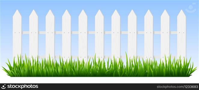 Realistic wooden fence. Green grass on white wooden picket fence, sunshine garden background, fresh plants border hedge vector illustration. Rural spring landscape horizontal background with fencing. Realistic wooden fence. Green grass on white wooden picket fence, sunshine garden background, fresh plants border hedge vector illustration