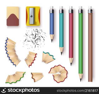 Realistic wooden graphite pencils, sharpener, eraser and shavings. Sharpened pencil sizes, writing and drawing tools. Stationery vector set. Red, green, blue and brown items for learning. Realistic wooden graphite pencils, sharpener, eraser and shavings. Sharpened pencil sizes, writing and drawing tools. Stationery vector set