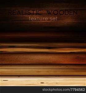 Realistic wooden texture horizontal set with editable text and cumbersome images of polished wood patterns vector illustration. Realistic Wooden Textures Background