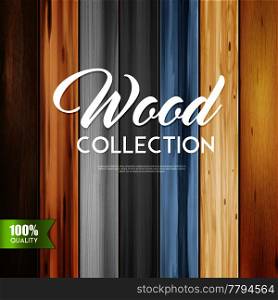 Realistic wooden texture vertical set background with calligraphic text and stripes of wood boards with different patterns vector illustration. Ornamental Wood Collection Background
