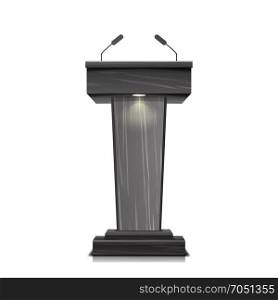 Realistic Wooden Tribune Isolated Vector. With Two Microphones. Dark Wooden Podium Stand Sign Rostrum. Illustration For The Performance Presentation Speech.. Realistic Wooden Tribune Isolated Vector. With Two Microphones. Dark Wooden Podium Stand Sign Rostrum. Illustration For The Performance Presentation