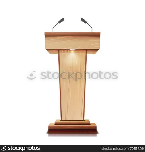 Realistic Wooden Tribune Isolated Vector. With Two Microphones. Wooden Classic Podium Stand Rostrum. Illustration. Realistic Wooden Tribune Isolated Vector. With Two Microphones. Wooden Classic Podium Stand Rostrum.