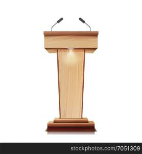 Realistic Wooden Tribune Isolated Vector. With Two Microphones. Wooden Classic Podium Stand Rostrum. Illustration. Realistic Wooden Tribune Isolated Vector. With Two Microphones. Wooden Classic Podium Stand Rostrum.