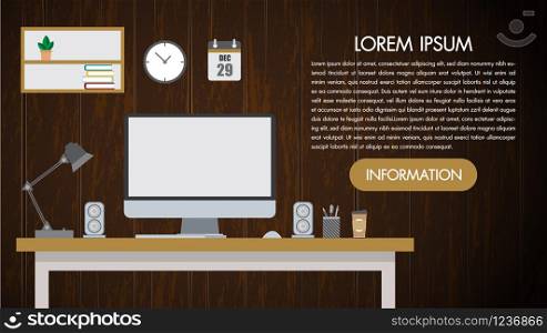 Realistic workplace desktop on wooden background wall. Work desk for office with stationery elements on the table. The web banner. Modern flat design.