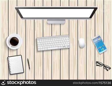 Realistic workplace desktop. Top view desk table, personal computer with keyboard, smartphone, stickers, glasses, open note on wooden. illustrator vector.