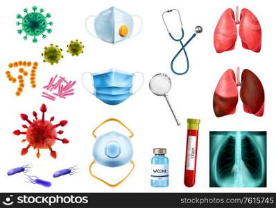 Realistic world pneumonia day icon set with bacteria masks vaccine virus test tube lungs vector illustration