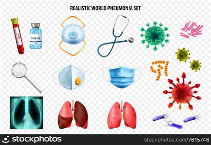 Realistic world pneumonia day transparent icon set with respirator bacteria xray stethoscope mask lungs vector illustration