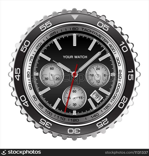 Realistic wristwatch face black steel chronograph luxury for men on white background vector illustration.