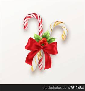 Realistic Xmas candy cane with red bow and a sprig of Christmas holly isolated on white backdrop. Vector illustration EPS10. Realistic Xmas candy cane with red bow and a sprig of Christmas holly isolated on white backdrop. Vector illustration