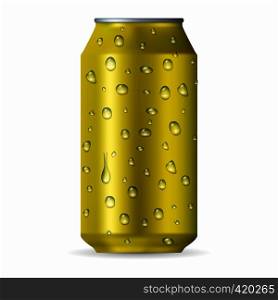 Realistic yellow aluminum can with drops isolated on a white background. Realistic yellow aluminum can with drops