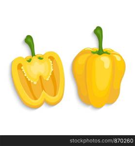 Realistic yellow bell peppers whole and sliced, vector illustration