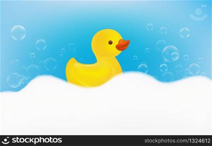 Realistic yellow rubber duck toy. Adorable duckling. High quality vector illustration for Your design.