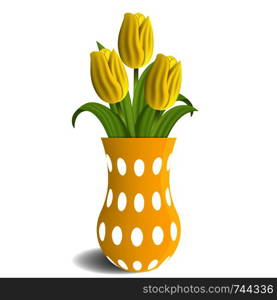 Realistic yellow tulips in vase isolated on white background. Boucket of tulips. Vector Illustration for Your Design.