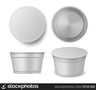 Realistic yogurt or ice cream container cup mockup views. Blank plastic dairy packaging top, front and perspective. Yoghurt pack vector set. Box for takeaway food isolated on white. Realistic yogurt or ice cream container cup mockup views. Blank plastic dairy packaging top, front and perspective. Yoghurt pack vector set