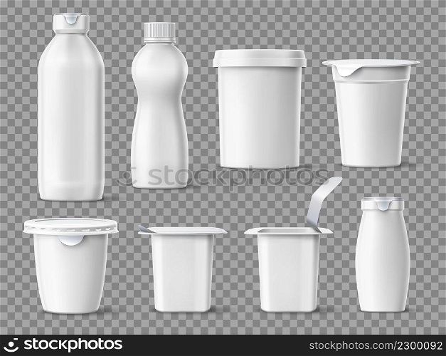 Realistic yogurt package. 3D white plastic containers for dairy products. Milk desserts jars and bottles blank mockups for branding. Different size and shape. Vector isolated clean food packaging set. Realistic yogurt package. 3D white plastic containers for dairy products. Milk desserts jars and bottles mockups for branding. Different size and shape. Vector isolated food packaging set