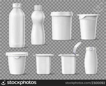 Realistic yogurt package. 3D white plastic containers for dairy products. Milk desserts jars and bottles blank mockups for branding. Different size and shape. Vector isolated clean food packaging set. Realistic yogurt package. 3D white plastic containers for dairy products. Milk desserts jars and bottles mockups for branding. Different size and shape. Vector isolated food packaging set