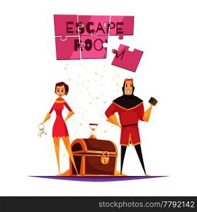 Reality quest design concept with young couple in theatrical costumes and treasure chest cartoon vector illustration. Reality Quest Design Concept